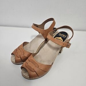 Swedish Hashbeens Pep Toe Sandals Sz 9 / 40 EUR Genuine Leather Tan Wood